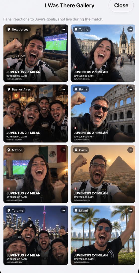 I Was There gallery with sample fan selfies celebrating a Juve goal