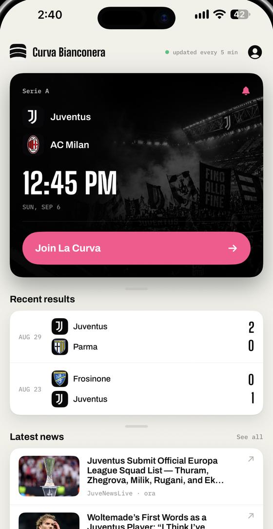 Curva Bianconera home screen with the next Juve match and the Join La Curva button