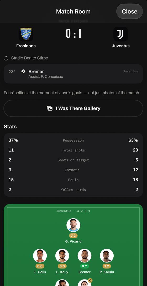Curva Bianconera Match Room with score, stats and lineup on the pitch